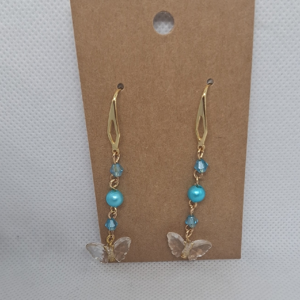 Elegant Gold Tone and Blue Butterfly Earrings
